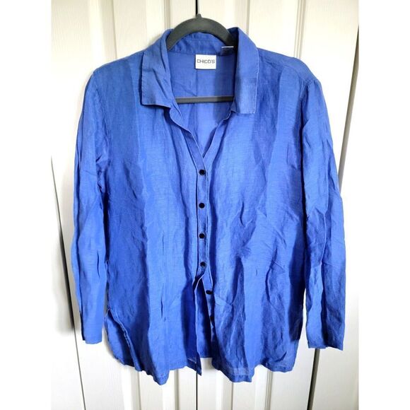 Chicos 1‎ Blue Linen Silk Blend Button Front Shirt Blouse Long Sleeve Size 8/10 - Picture 1 of 5